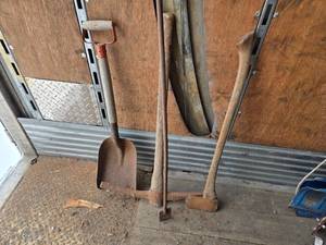 lot 40 image: Lot of 3 Vintage Rusted Hand Tools Shovel, Axe and Pick Axe