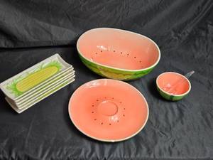 lot 80 image: Watermelon & Corn Serving Sets with Large Bowl, Plates, and Utensils