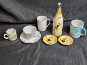 lot 81 image: Lot of Porcelain Cups, Plates, and Bottle Dispenser