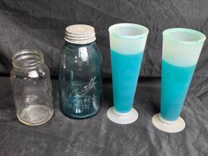 lot 87 image: Vintage Glass Jar Collection with Ball Perfect Mason and Two Plastic Tumblers