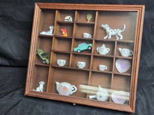 lot 97 image: Wooden Display Case with Assorted Miniature Collectibles Approx. 12x13x2