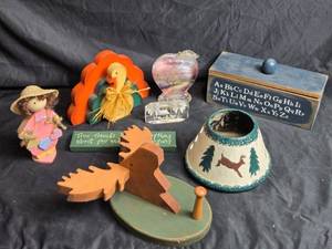 lot 106 image: Decorative Items Including Teacher Apple Plaque and Wooden Moose Coat Hook, Box with Alphabet and More