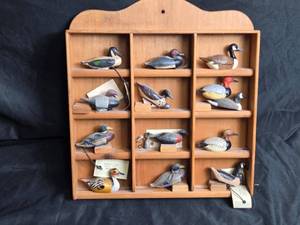 lot 109 image: Miniature Duck Decoys with Display Shelf