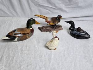 lot 119 image: Mallard Duck Figurine, Pheasant on a Log Figurine, Loon with Baby Figurine, Cute Goose Figurine wearing a scarf