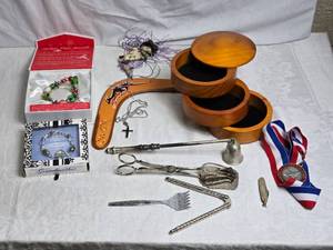 lot 120 image: Assorted Collectibles, Bracelet, Vintage Utensils with Wooden Trinket Box