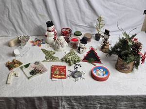 lot 122 image: Assorted Christmas Decor with Candles and Snowman Figurines