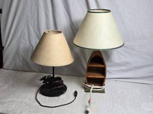 lot 145 image: Pair of Rustic Themed Table Lamps with Unique Bases - Moose and Canoe