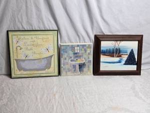 lot 158 image: 3 Framed Wall Art Pieces Including Lavender Bath Tub, Mosaic Sink, Winter Landscape