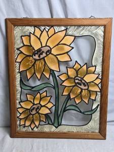 lot 160 image: Stained Glass Flower Panel with Wooden Frame