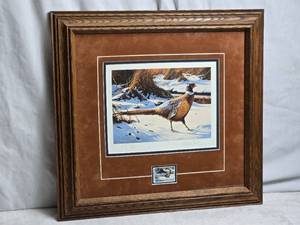 lot 162 image: 1987 Signed Daniel Smith Pheasant Framed Art Print with Stamp, 1988 Minnesota Department of Natural Resources pheasant habitat stamp