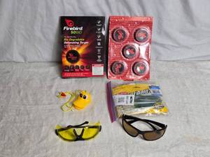 lot 189 image: Set of Firebird Targets, PowerBait Lures, and Protective Glasses