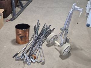 lot 200 image: Golf Clubs and Golf Bag Cart, Copper LIke Duck Waste Basket