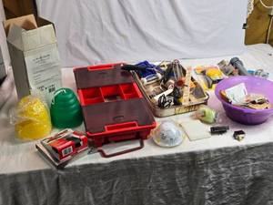 lot 215 image: Hand Tools and Supplies with Organizer Box - Wasp Traps, Mouse Traps