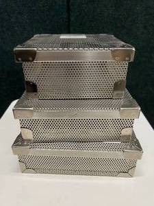$$$ Lot of 3 Mixed Sized Phelan Stainless Steel Perforated Sterilization Basket Trays - Good Condition