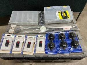 Lot of Blow Gun Filter, Philmore-Datak Theater-Pro Accessories, RadioShack Antenna &amp Various Containers Including the Large Orbis Tote&nbsp