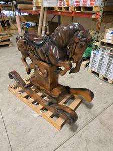 lot 1 image: Vintage Hand Carved Wooden Rocking Horse