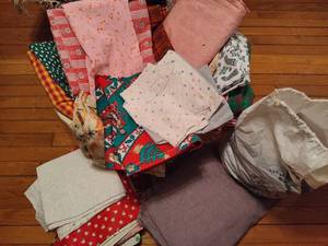 lot 62 image: Basket of Assorted Fabrics, Granny Squares and More