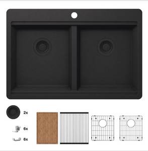 GLACIER BAY Stonehaven 33 in. Drop-In 5050 Double Bowl Black Onyx Granite Composite Workstation Kitchen Sink with Black Strainer