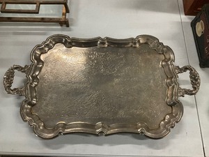 lot 69 image: Silver plated serving tray with handles.