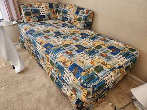 lot 211 image: Vintage Corner Sofa Bed Retro Fabric with Second bed without the retro cover