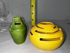 lot 123 image: Carmel California Pottery Yellow Flower Frog & Avocado Green Ceramic Vases