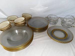 lot 127 image: Vintage Gold Trim Glass Dinnerware Set