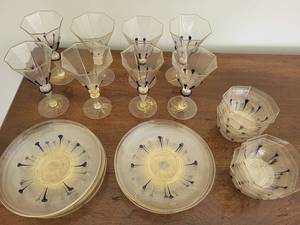 lot 2 image: 1920s Handblown Venetian  Glassware Set with Blue Accents and Gold Flecks