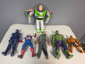 lot 36 image: Set of 6 Action Figures Buzz Lightyear, Captain America, The Hulk & More
