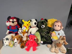 lot 49 image: Lot of 12 Assorted Plush Toys Including Mickey Mouse, Pikachu, and Monkey