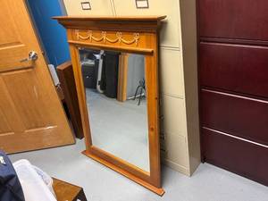 lot 69 image: Vintage Wooden Mirror with Ornate Top Detailing