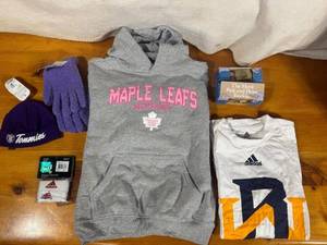 lot 105 image: Lot of Clothing & Accessories Includes Maple Leafs Hoodie and Adidas T-shirt, Belts, Gloves and Beenie