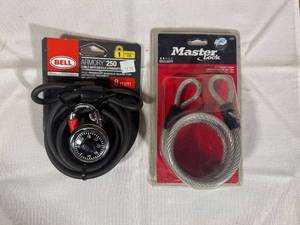 lot 131 image: Set of Heavy-Duty Security Cables Master Lock and Bell Armory 250 Combination Lock (new in package)