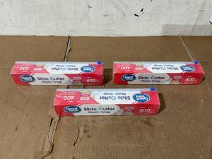 lot 239 image: LOT OF 3 Great Value Slide Cutter Plastic Wrap, 400 sq ft