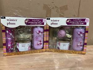 lot 376 image: LOT OF 2 Bodycology Winter Plum Pampering Bath Set with 3 Wick Candle
