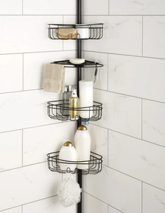 lot 114 image: Mainstays 4 Tier Steel Tension Pole Shower Caddy with 3 Baskets & Soap Tray Shelf