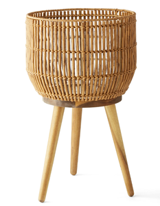 lot 143 image: Better Homes & Gardens 13 Round Brown Resin Rattan Planter & Stand with Acacia Wood Legs