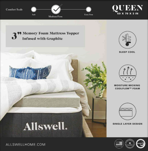 lot 183 image: Allswell 3 Sleep Cool Memory Foam Mattress Topper Infused with Graphite, Queen