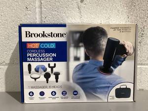 lot 493 image: Brookstone Cordless Hot and Cold Percussion Deep Tissue Massager Gun, 6 Intensity Levels