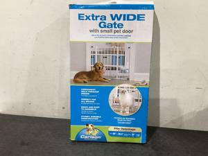 lot 647 image: Carlson Extra Wide Walk-Through Pet Gate with Small Pet Door, Fits Openings 29-38.5 Wide
