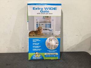lot 648 image: Carlson Extra Wide Walk-Through Pet Gate with Small Pet Door, Fits Openings 29-38.5 Wide