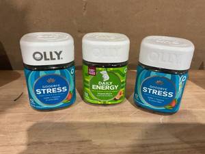lot 381 image: LOT OF 3 Olly Goodbye Stress Gummy, GABA, L-Theanine 42Ct, Daily Energy Gummy Supplement with CoQ10 & B12 60Ct