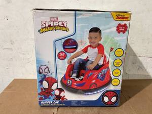 lot 67 image: Spidey & His Amazing Friends by Flybar, 6V Bumper Car Ride on, for Kids 1.5- 4 Years