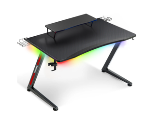 lot 713 image: GTRACING Ergonomic Curved 3-Sided LED Z-Leg Gaming Desk, Black