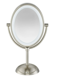 lot 561 image: Conair Double-Sided Lighted Vanity Mirror with LED Lights, 1x7x Magnification, Satin Nickel