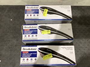 lot 795 image: LOT OF 3 Brookstone Handheld Percussion Body Massager, 4 Vibration Modes, 5 Interchangeable Heads
