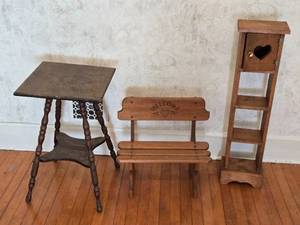lot 10 image: Rustic Wood Table, Bench, and Shelf