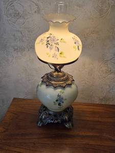 lot 12 image: Vintage Floral Glass Hurricane Lamp with Metal Base