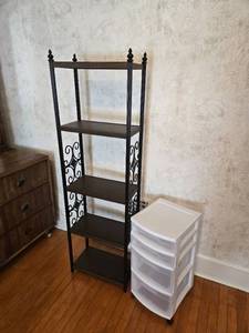 lot 15 image: Metal Shelf with Intricate Side Designs and Plastic Drawer Unit