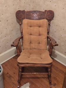 lot 5C image: Beautiful Antique Wooden Rocking Chair with Ornate Back Design and Cushion