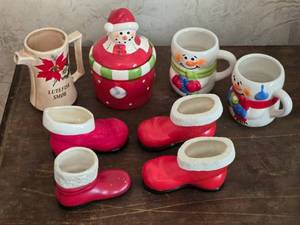 lot 82 image: Snowman Jar and Mugs, Boot Figurines